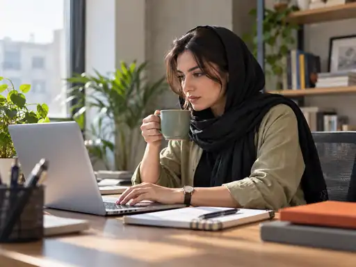 فردی در حال کار و تمرکز با قهوه روی میز